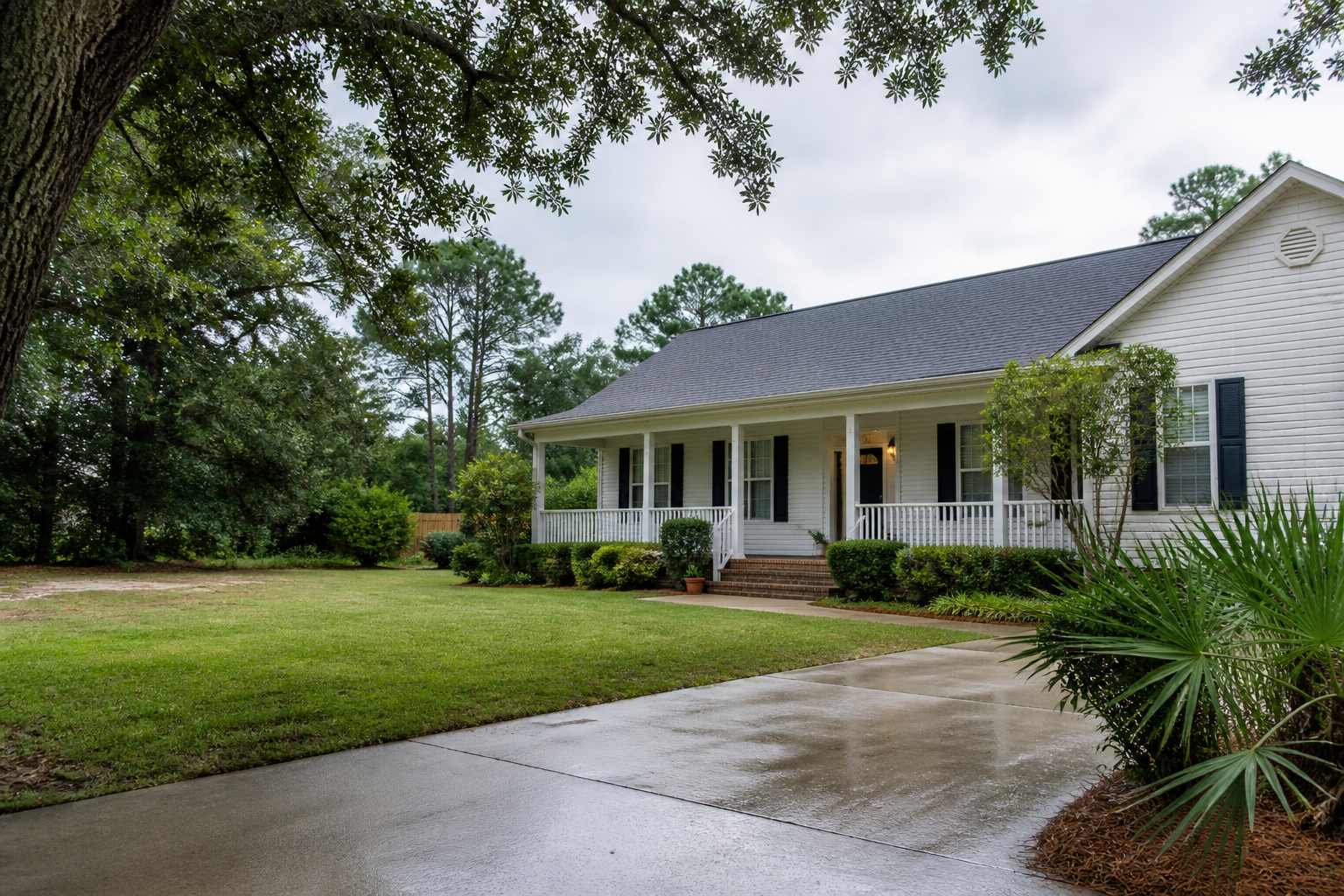 A welcoming single-story North Florida home beneath mature trees